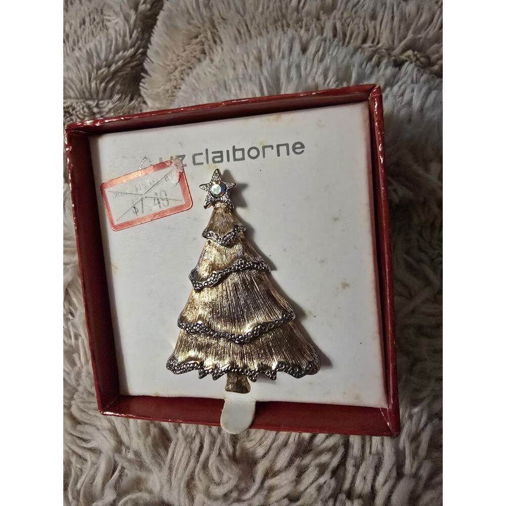 VTG 2" BRUSH GOLDTONE W CLEAR RHINESTONE CHRISTMAS TREE BROOCH LIZ CLAIBORNE
